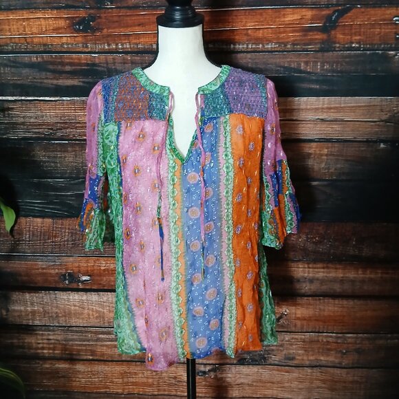 Anthropologie Akemi + Kin Peasant Top S Sheer Lyocell Bell Sleeve Patchwork - Picture 2 of 9